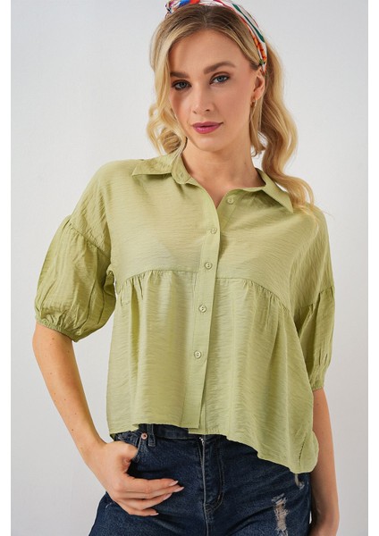 Kadın BDART Bol Kesim Düğmeli Kısa Gömlek Yeşil