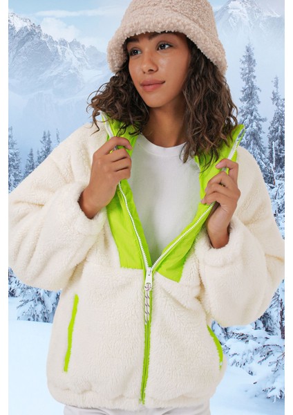 Kadın BDART Kapüşonlu Peluş Sahte Kürk Mont Yeşil