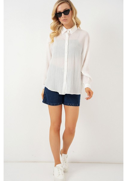 Kadın BDART Düğmeli, Gömlek Yaka, Uzun Kollu Dokulu Gömlek White