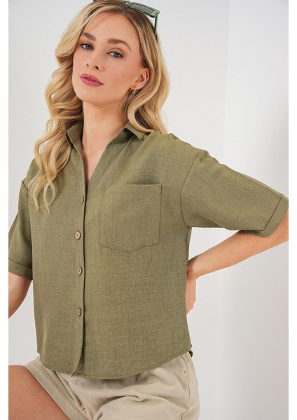 Kadın BDART Keten Karışımlı Kısa Kol Düğmeli Crop Gömlek Green