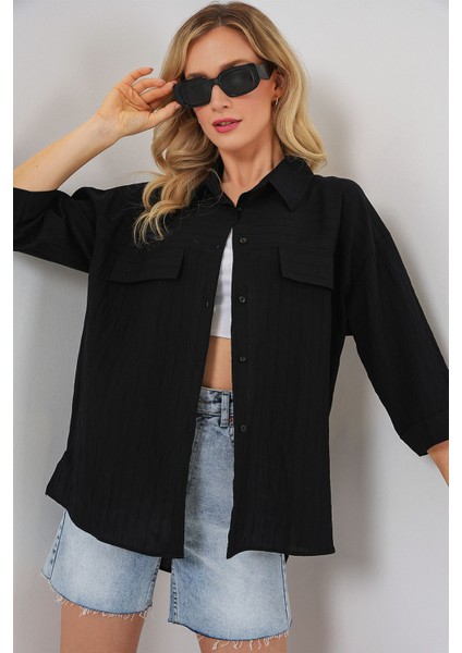 Kadın BDART Cepli Dokulu Krep Gömlek Siyah