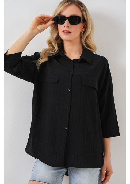 Kadın BDART Cepli Dokulu Krep Gömlek Siyah