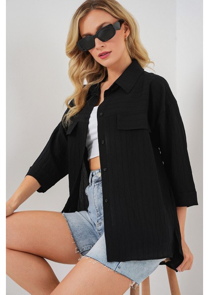 Kadın BDART Cepli Dokulu Krep Gömlek Siyah