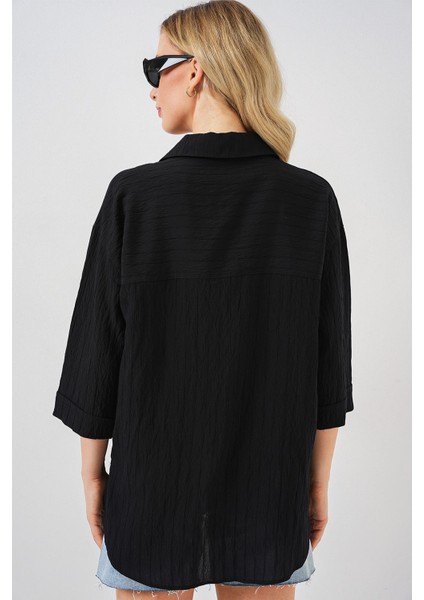 Kadın BDART Cepli Dokulu Krep Gömlek Siyah