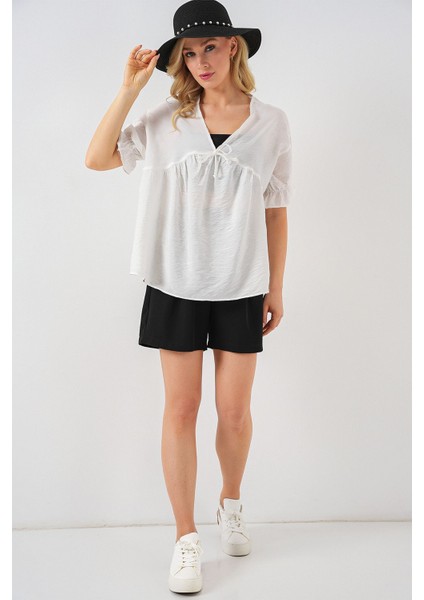 Kadın BDART Kemerli V Yaka Düğmeli Bluz Beyaz