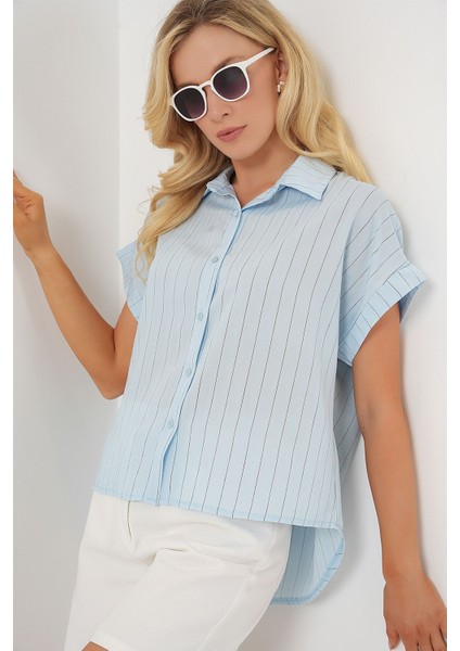 Kadın BDART Düğmeli Kapatmalı Çizgili Crop Gömlek Maya Mavisi