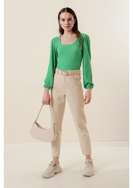 Kadın BDART Dokulu Kare Yaka Uzun Kollu Bluz Green