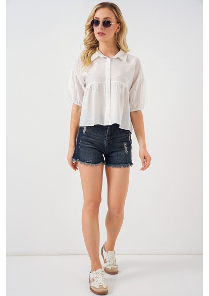 Kadın BDART Bol Kesim Düğmeli Kısa Gömlek White