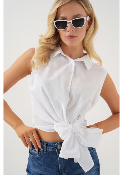 Kadın BDART Fiyonk Detaylı Kısa Gömlek Beyaz