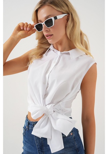 Kadın BDART Fiyonk Detaylı Kısa Gömlek Beyaz