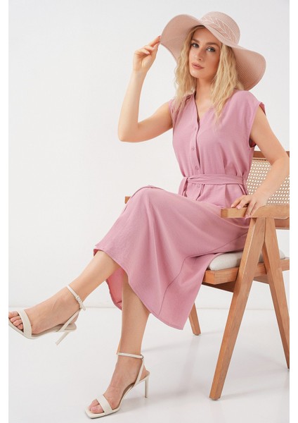 Kadın BDART Düğmeli V-Yaka Dokulu Midi Elbise Pink