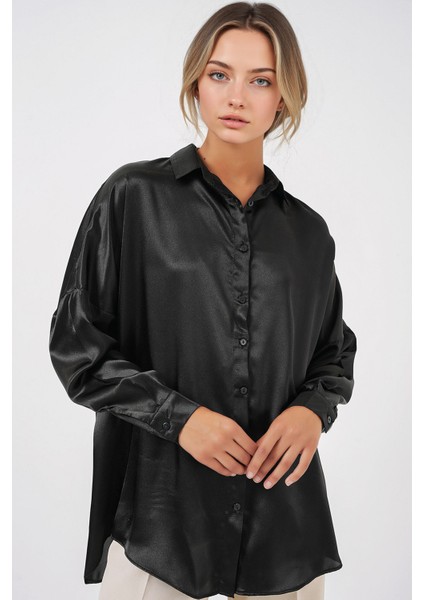 Kadın BDART Düğmeli Oversize Saten Gömlek Black indirimleri