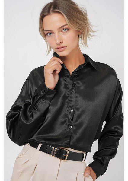 Kadın BDART Düğmeli Oversize Saten Gömlek Black