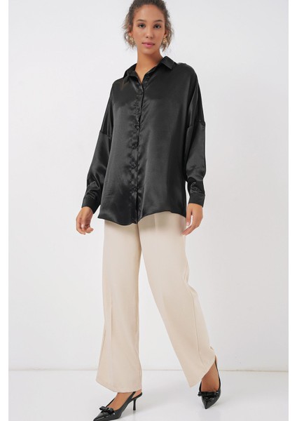 Kadın BDART Düğmeli Oversize Saten Gömlek Black