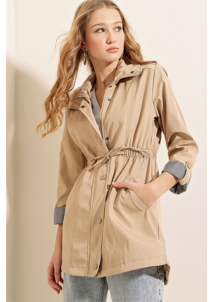 Kadın BDART Çizgili Leopar Desenli Trençkot, Çekmeli Kapama Bej Doğal