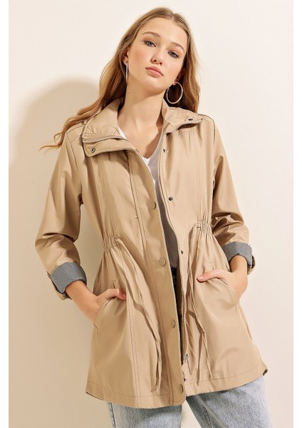 Kadın BDART Çizgili Leopar Desenli Trençkot, Çekmeli Kapama Bej Doğal