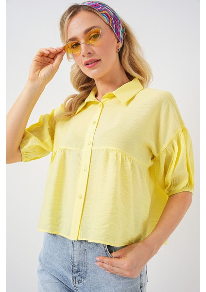 Kadın BDART Bol Kesim Düğmeli Kısa Gömlek Limon Sarısı