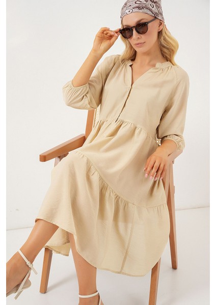 Kadın BDART Düğme Kapatmalı Dokulu Midi Elbise Krem Doğal