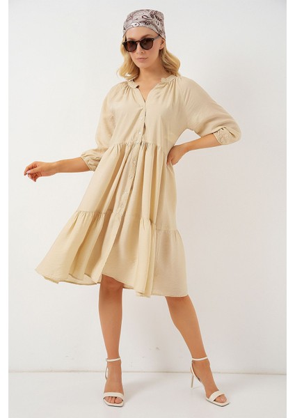 Kadın BDART Düğme Kapatmalı Dokulu Midi Elbise Krem Doğal