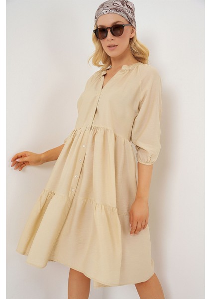 Kadın BDART Düğme Kapatmalı Dokulu Midi Elbise Krem Doğal