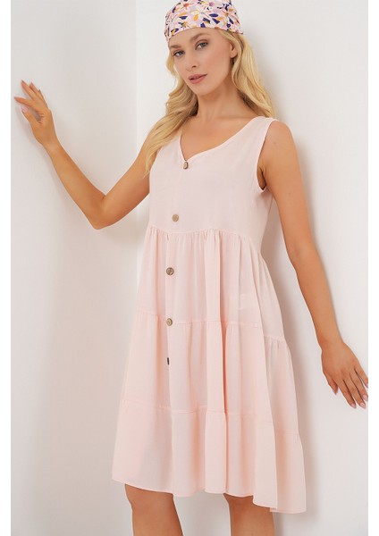Kadın BDART Düğme Detaylı V-Yaka Kolsuz Mini Elbise Toz Pembe