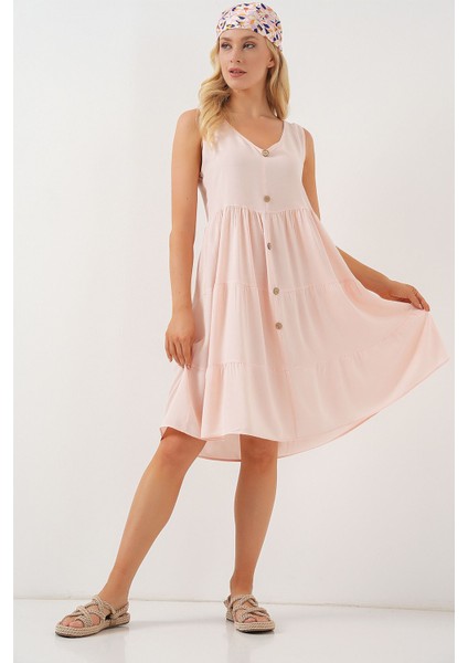 Kadın BDART Düğme Detaylı V-Yaka Kolsuz Mini Elbise Toz Pembe