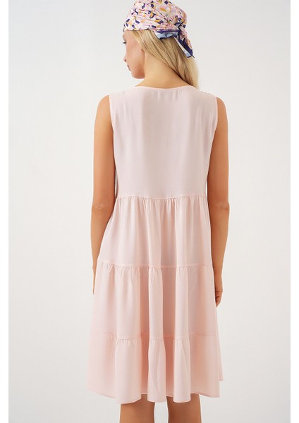 Kadın BDART Düğme Detaylı V-Yaka Kolsuz Mini Elbise Toz Pembe