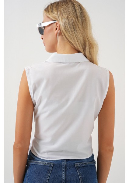 Kadın BDART Fiyonk Detaylı Kısa Gömlek Beyaz