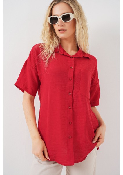 Kadın BDART Cepli, Salaş Fit Keten Karışım Butonlu Gömlek Kırmızı