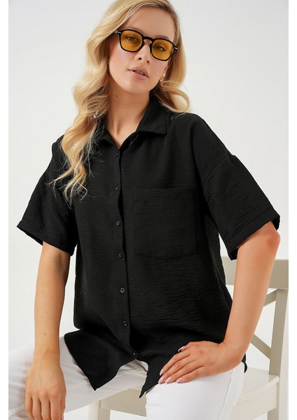 Kadın BDART Cepli, Salaş Fit Keten Karışım Butonlu Gömlek Siyah