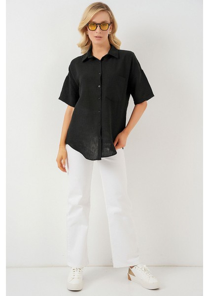 Kadın BDART Cepli, Salaş Fit Keten Karışım Butonlu Gömlek Siyah