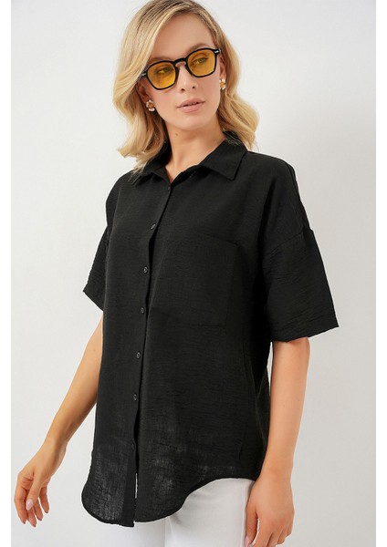 Kadın BDART Cepli, Salaş Fit Keten Karışım Butonlu Gömlek Siyah