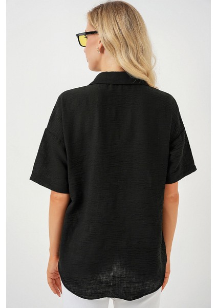 Kadın BDART Cepli, Salaş Fit Keten Karışım Butonlu Gömlek Siyah