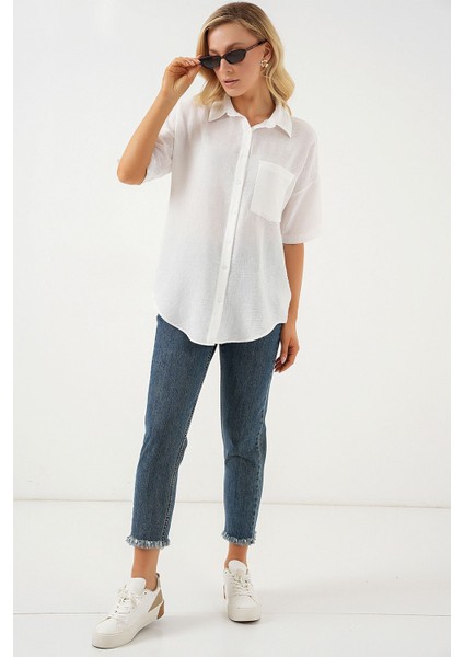 Kadın BDART Cepli, Salaş Fit Keten Karışım Butonlu Gömlek Beyaz