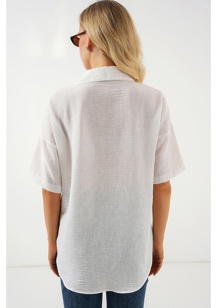 Kadın BDART Cepli, Salaş Fit Keten Karışım Butonlu Gömlek Beyaz