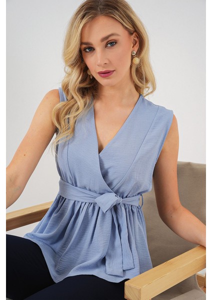 Kadın BDART V Yaka Bağlama Yaylı Bluz Maya Mavisi