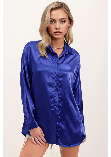 Kadın BDART Düğmeli Oversize Saten Gömlek Blue