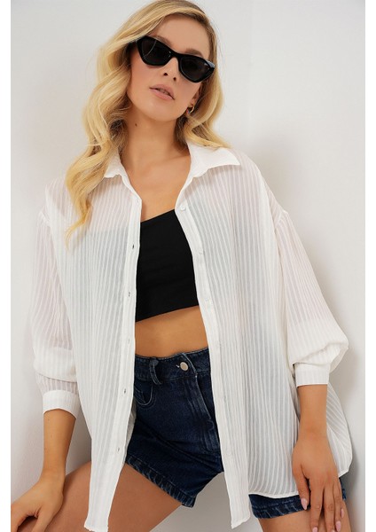 Kadın BDART Düğmeli, Gömlek Yaka, Uzun Kollu Dokulu Gömlek White