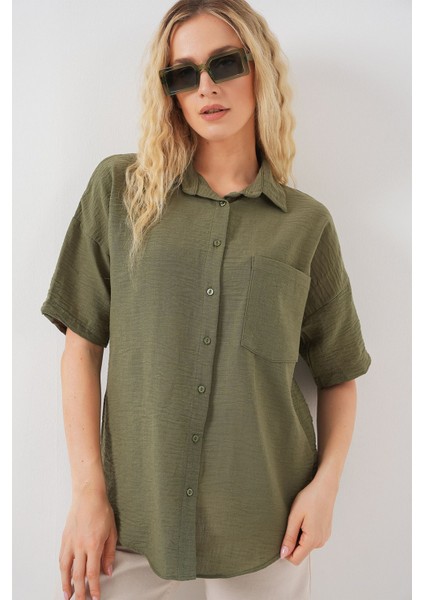Kadın BDART Cepli, Salaş Fit Keten Karışım Butonlu Gömlek Haki Yeşil