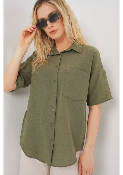 Kadın BDART Cepli, Salaş Fit Keten Karışım Butonlu Gömlek Haki Yeşil