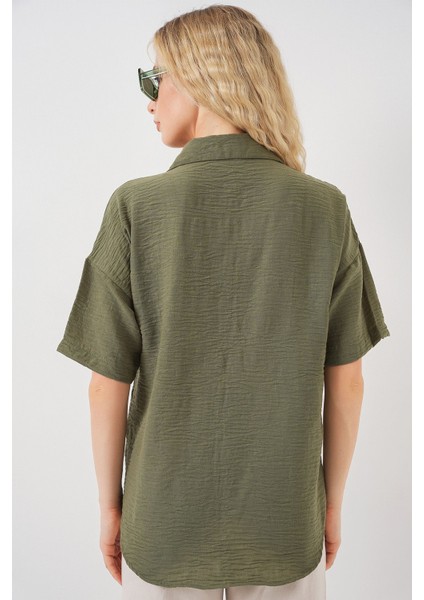Kadın BDART Cepli, Salaş Fit Keten Karışım Butonlu Gömlek Haki Yeşil