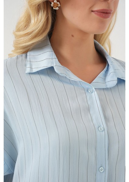 Kadın BDART Düğmeli Kapatmalı Çizgili Crop Gömlek Maya Mavisi