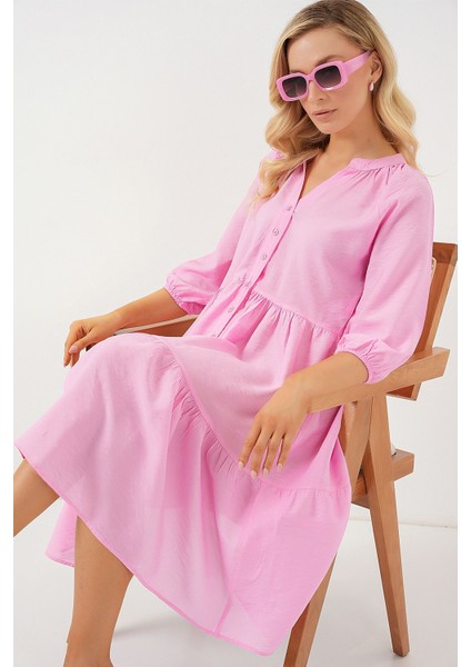 Kadın BDART Düğme Kapatmalı Dokulu Midi Elbise Karanfil Pembesi