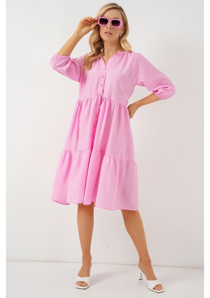 Kadın BDART Düğme Kapatmalı Dokulu Midi Elbise Karanfil Pembesi