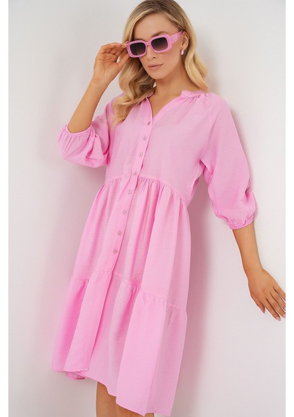 Kadın BDART Düğme Kapatmalı Dokulu Midi Elbise Karanfil Pembesi