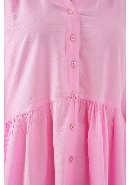 Kadın BDART Düğme Kapatmalı Dokulu Midi Elbise Karanfil Pembesi