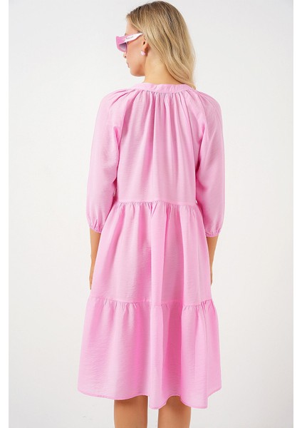 Kadın BDART Düğme Kapatmalı Dokulu Midi Elbise Karanfil Pembesi