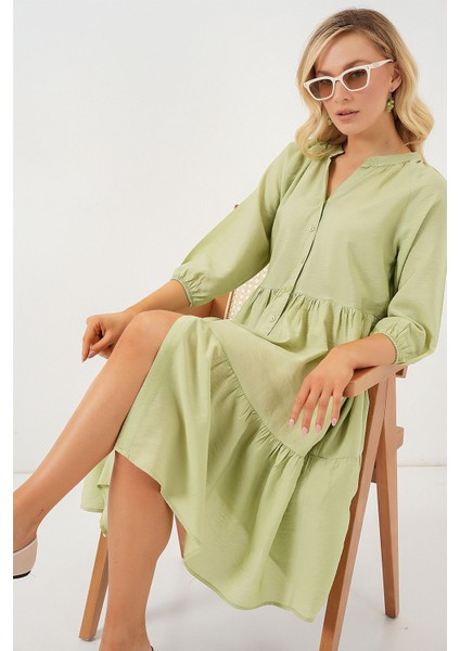 Kadın BDART Düğme Kapatmalı Dokulu Midi Elbise Zümrüt Yeşili