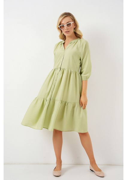 Kadın BDART Düğme Kapatmalı Dokulu Midi Elbise Zümrüt Yeşili