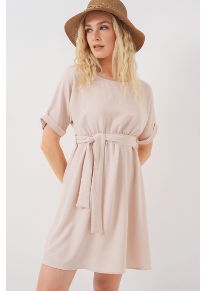 Kadın BDART Kemerli İkili Mini Elbise Krem Doğal